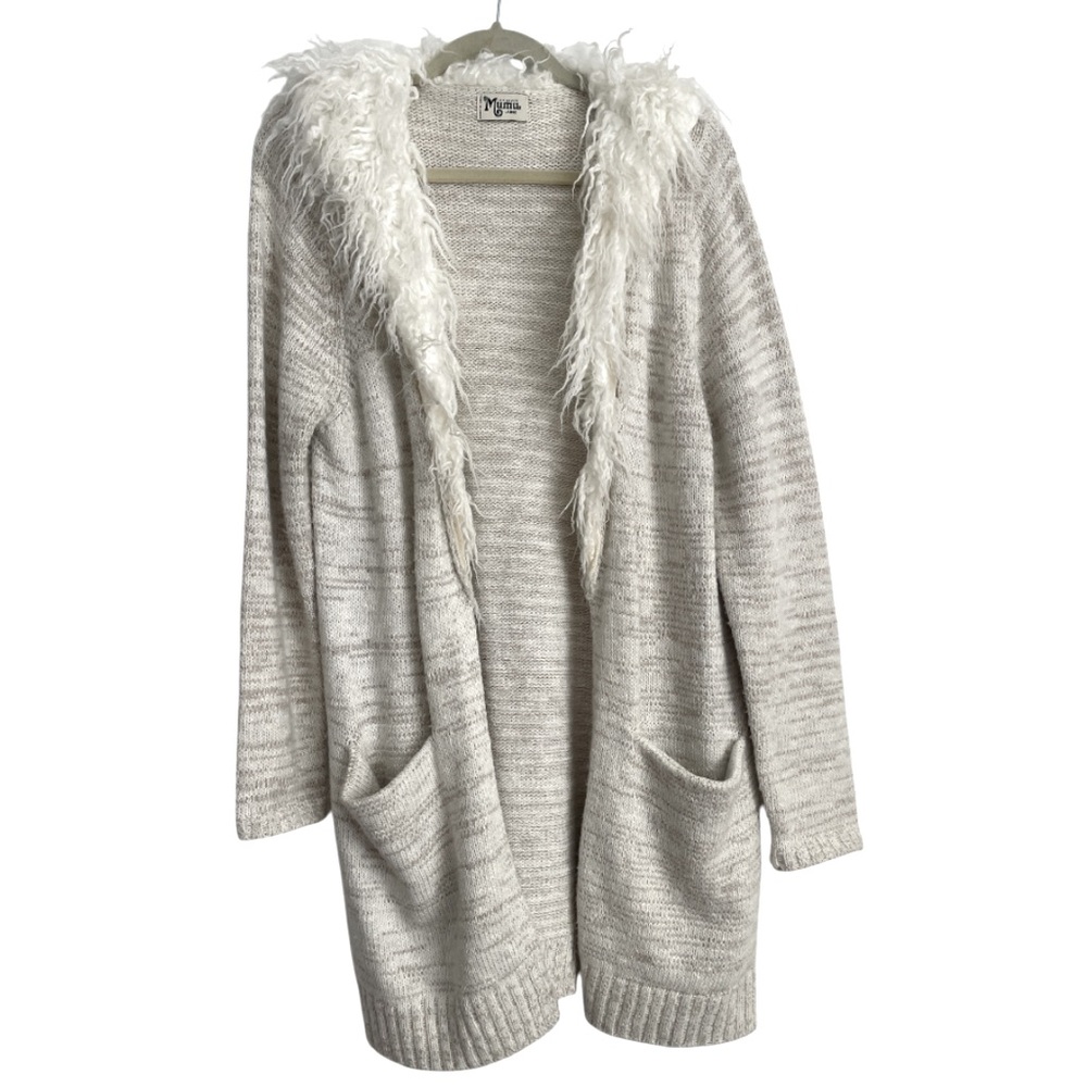 Show Me Your Mumu Roadie Cardigan Faux Fur Trim Cream Knit Sweater Large